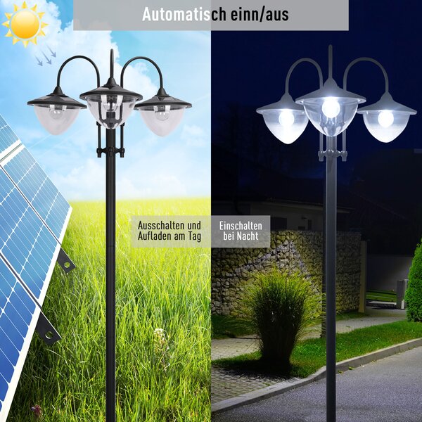 OUTSUNNY Solárna záhradná lampa s 3 hlavami a podstavcom na kvetináč, vodotesná, nerezová oceľ, 60x55x189cm| Aosom