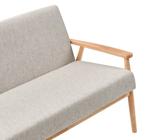3-miestna pohovka sivá svetlohnedá látkové čalúnenie polyester retro dizajn svetlé drevené nohy a opierky rúk obývacia izba
