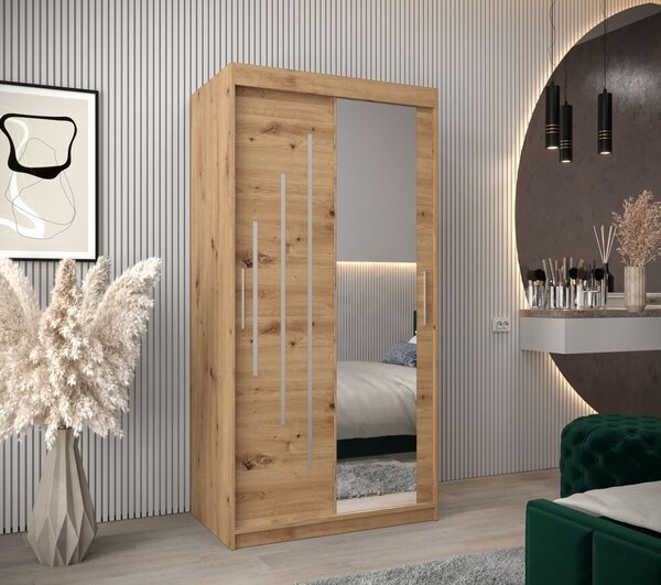 Šatníková skriňa so zrkadlom EVA - šírka 100 cm, dub artisan
