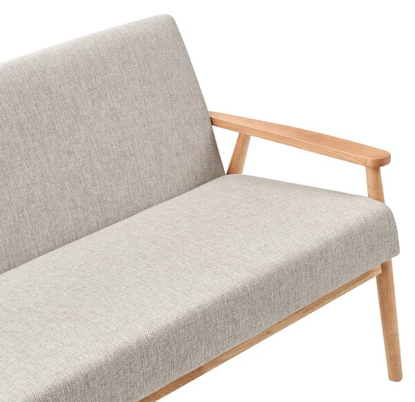 2-miestna pohovka sivá svetlohnedá látkové čalúnenie polyester retro dizajn svetlé drevené nohy a opierky rúk obývacia izba