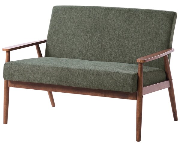 2-miestna pohovka zelená tmavohnedá látkové čalúnenie polyester retro dizajn tmavé drevené nohy a opierky rúk obývacia izba