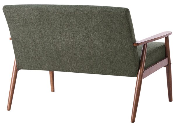 2-miestna pohovka zelená tmavohnedá látkové čalúnenie polyester retro dizajn tmavé drevené nohy a opierky rúk obývacia izba
