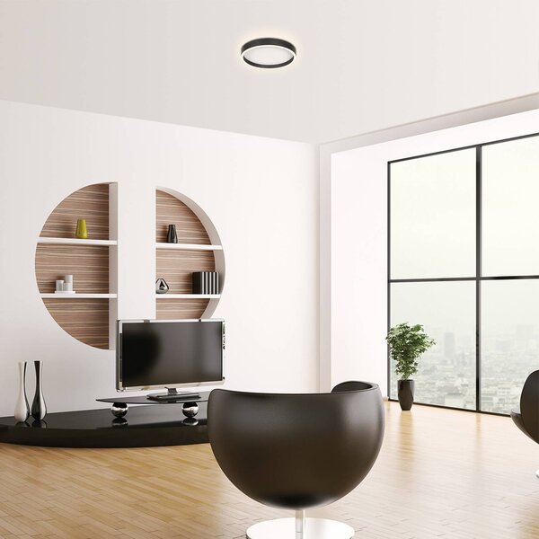 Stropné LED svetlo Ringlux, čierne, Ø 30 cm, kov, 2 700 K, Čierna, Obývacia izba / jedáleň, kov, Moderný, Závesné svietidlo