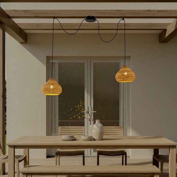 Vonkajšia závesná lampa Lucande Taniola, 2-pl., béžová, ratan, IP44, Svetlé drevo, Drevo, Vidiecky / Rustikálny, Závesné svietidlo