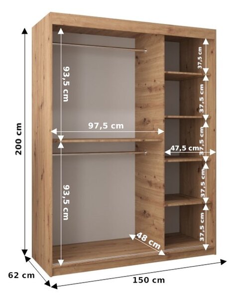 Šatníková zrkadlová skriňa ADELA - 150 cm, dub artisan