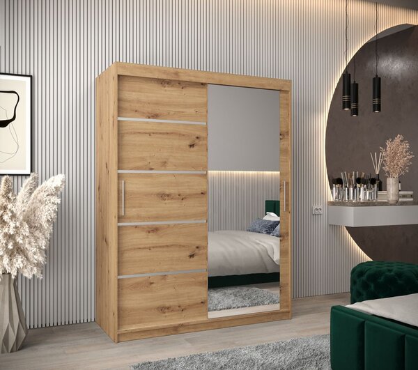 Šatníková zrkadlová skriňa ADELA - 150 cm, dub artisan