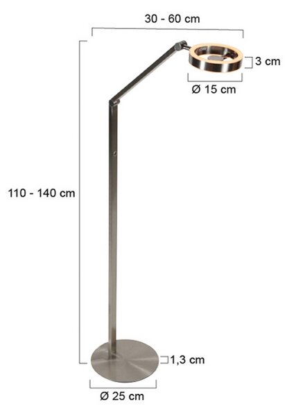LED stojacia lampa Ringlux oceľová farba, kov, 2 700 K, stmievač, Hliník / sivá / zinok, Obývacia izba / jedáleň, kov, Moderný, Svetlo na čítanie