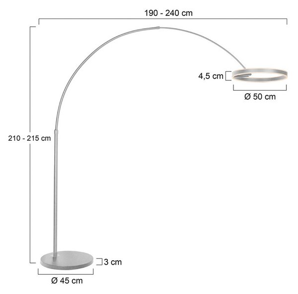 LED oblúkové svietidlo Ringlux, oceľová farba, kov, stmievač, Hliník / sivá / zinok, Obývacia izba / jedáleň, kov, Moderný, Oblúková stojaca lampa