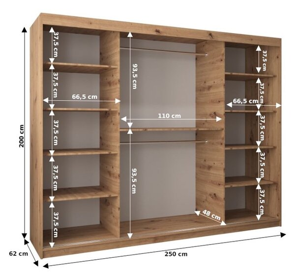 Šatníková zrkadlová skriňa ADELA - 250 cm, dub artisan