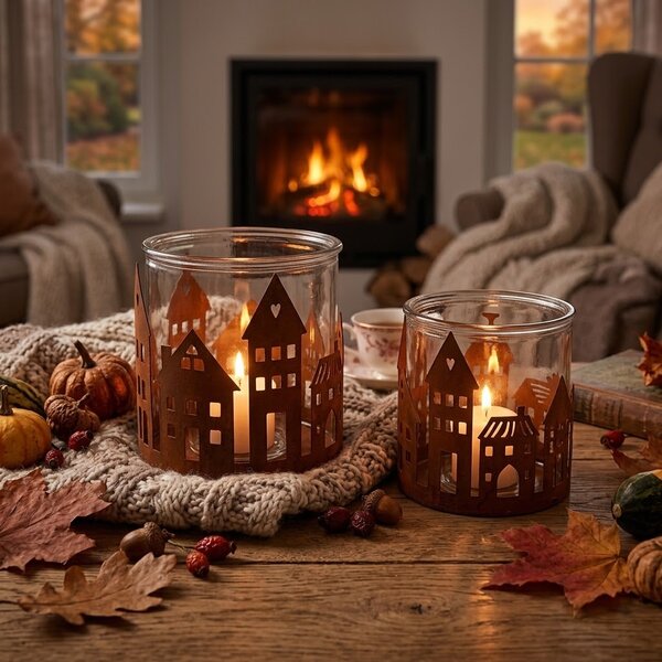 Hrdzavý rustikálny svietnik s dedinkou Village Rust M - Ø 11*10 cm - Clayre & Eef