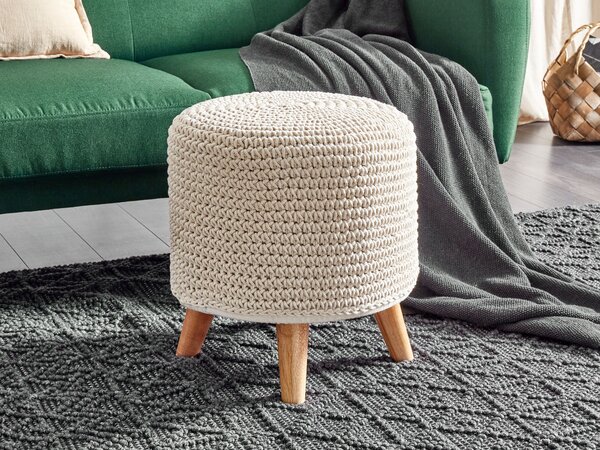 Taburet béžový bavlnený ručne vyrobená podnožka makramé sedadlo drevené nohy boho štýl