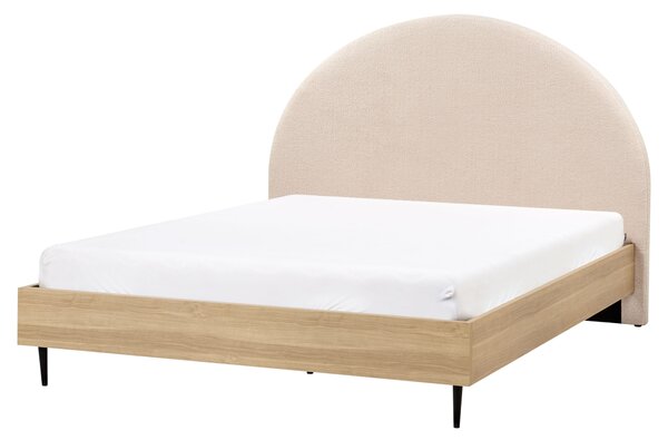 Posteľ béžová buklé svetlé drevo 160 x 200 cm čalúnené čelo MDF rám kovové nohy lamelový rošt moderný štýl spálňa