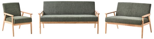 6-miestna sedacia súprava zelená svetlohnedá látkové čalúnenie polyester retro dizajn svetlé drevené nohy a opierky rúk obývacia izba