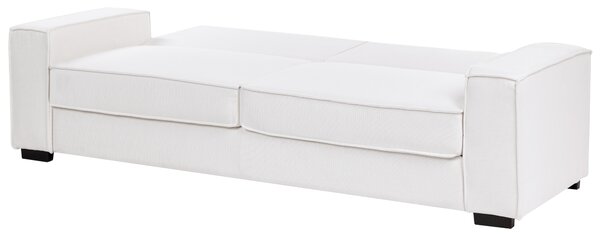 3-miestna rozkladacia pohovka biela látkové čalúnenie plastové nohy s vankúšmi na spanie obývacia izba spálňa