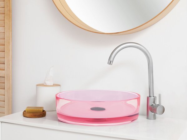 Umývadlo na dosku ružové priehľadné z materiálu solid surface 36 cm okrúhle do kúpeľne