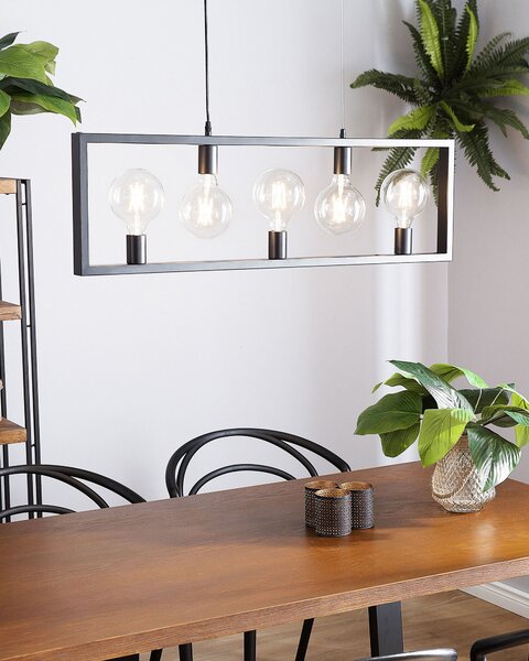 Závesná lampa s 5 žiarovkami čierny kovový obdĺžnikový rám elegantný industriálny štýl obývacia izba jedáleň