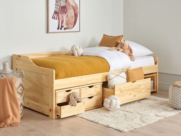 Posteľ svetlohnedá borovicové drevo 90 x 200 cm s úložným priestorom zásuvky moderný štýl detská izba