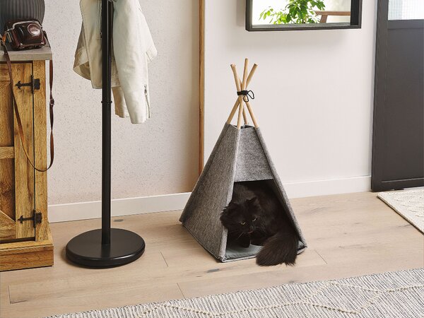 Pelech pre psy a mačky sivý filcový 35 x 40 cm v tvare stanu teepee s podložkou