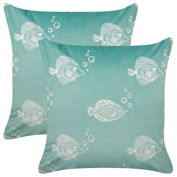 Sada 2 dekoratívnych vankúšov zelená zamat polyester 45 x 45 cm štvorcová vzor rýb doplnky