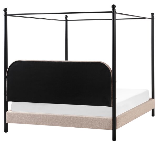 Posteľ s baldachýnom čierny kovový rám sivobéžové buklé čalúnenie 160 x 200 cm retro minimalistický štýl