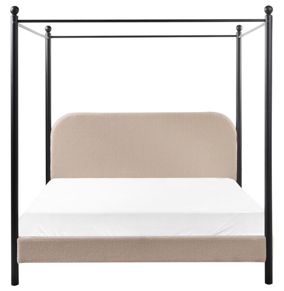 Posteľ s baldachýnom čierny kovový rám sivobéžové buklé čalúnenie 160 x 200 cm retro minimalistický štýl