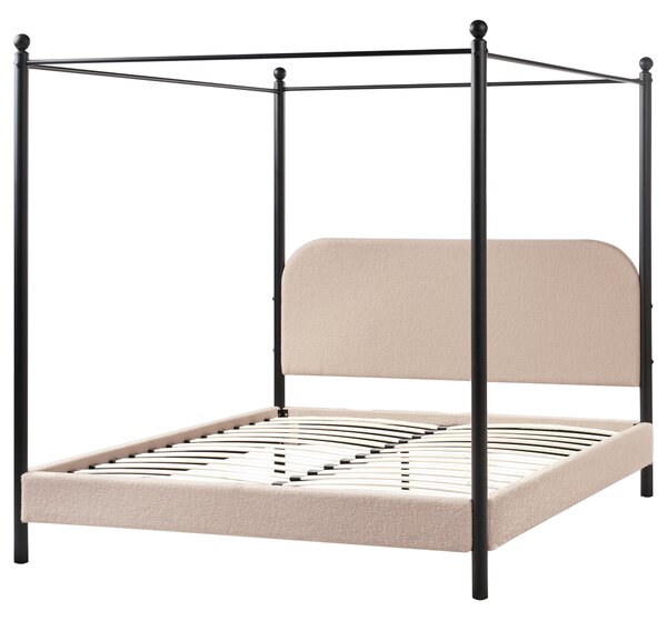 Posteľ s baldachýnom čierny kovový rám sivobéžové buklé čalúnenie 160 x 200 cm retro minimalistický štýl