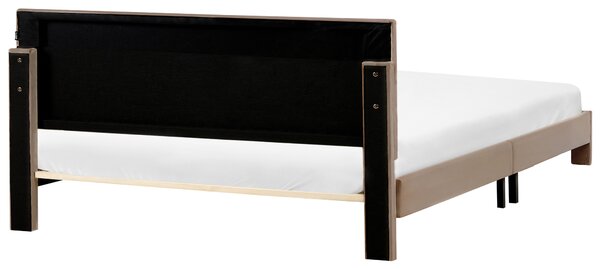 Posteľ s úložným priestorom sivobéžová zamatové čalúnenie 180 x 200 cm so zásuvkami čelom a roštom moderný štýl spálňa