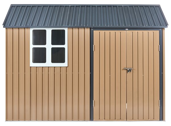 Záhradný domček na náradie hnedá sivá oceľ 313 x 220 cm uzamykateľný na zámok odolnosť voči UV žiareniu vodoodolný s dverami exteriér