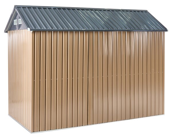 Záhradný domček na náradie hnedá sivá oceľ 313 x 220 cm uzamykateľný na zámok odolnosť voči UV žiareniu vodoodolný s dverami exteriér