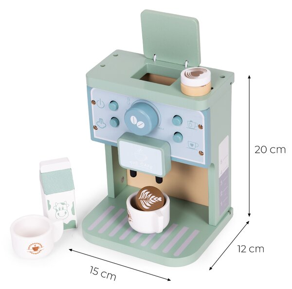 Detský drevený kávovar ECOTOYS – barista set 8 dielov, hra pre deti 3+