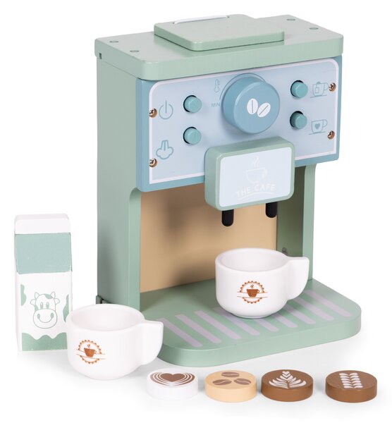 Detský drevený kávovar ECOTOYS – barista set 8 dielov, hra pre deti 3+