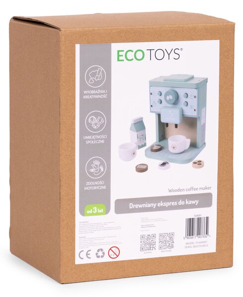Detský drevený kávovar ECOTOYS – barista set 8 dielov, hra pre deti 3+