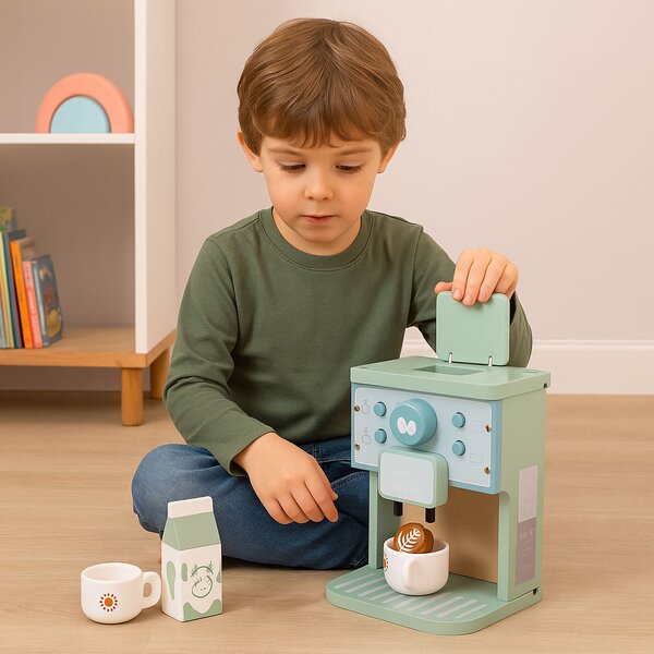 Detský drevený kávovar ECOTOYS – barista set 8 dielov, hra pre deti 3+