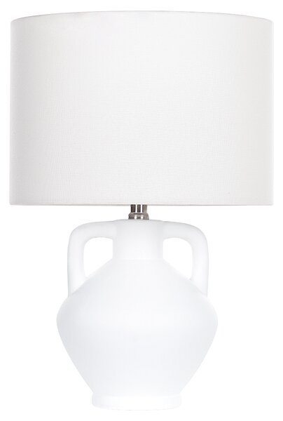 Stolná lampa biela keramický podstavec ľanové tienidlo v tvare bubna minimalistický dizajn