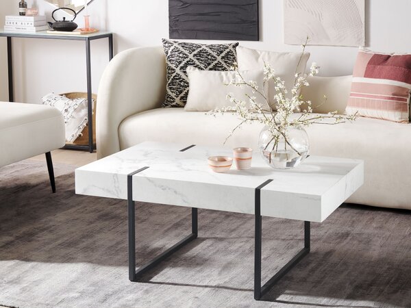 Konferenčný stolík biely MDF 100 x 60 cm čierne kovové nohy doska s mramorovým efektom obdĺžnikový moderný štýl