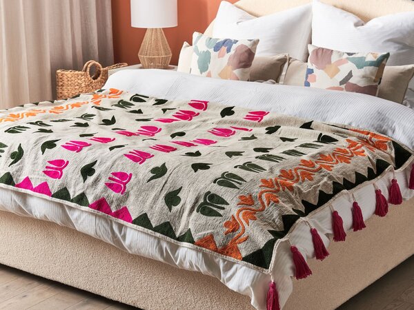 Prikrývka viacfarebná bavlnená 130 x 180 cm ručne vyšívaná so strapcami deka v boho štýle