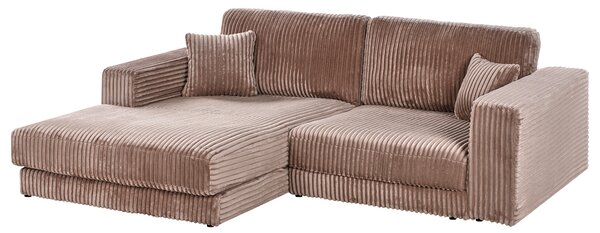Rohová pohovka 3-miestna svetlohnedá menčestrové čalúnenie pravý roh bočné opierky extra vankúše minimalistický moderný štýl