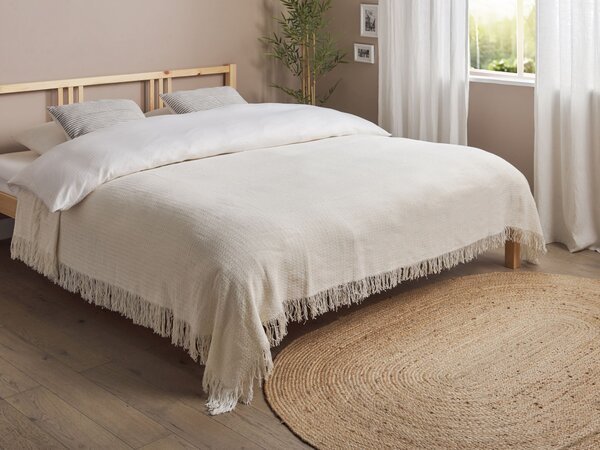 Bavlnená prikrývka krémová biela 200 x 220 cm deka na posteľ so strapcami klasický dizajn spálňa