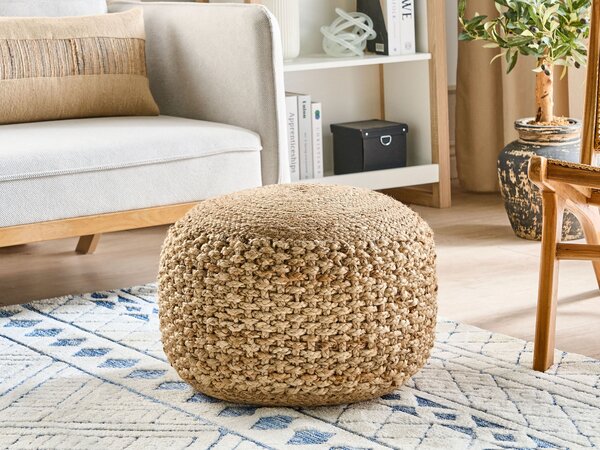 Taburetka béžová pletená juta výplň EPS guľôčky okrúhla podnožka 50 x 35 cm boho štýl obývacia izba