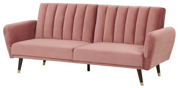 Rozkladacia pohovka ružová zamatové čalúnenie vhodná na spanie elegantná moderná obývacia izba spálňa