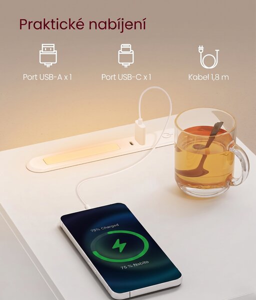 SONGMICS Noční stolek s LED osvětlením a USB portem Vasagle Melisa 25 cm bílý