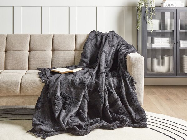 Deka sivá bavlnená 200 x 220 cm veľká posteľná prikrývka so strapcami vzorovaná boho štýl