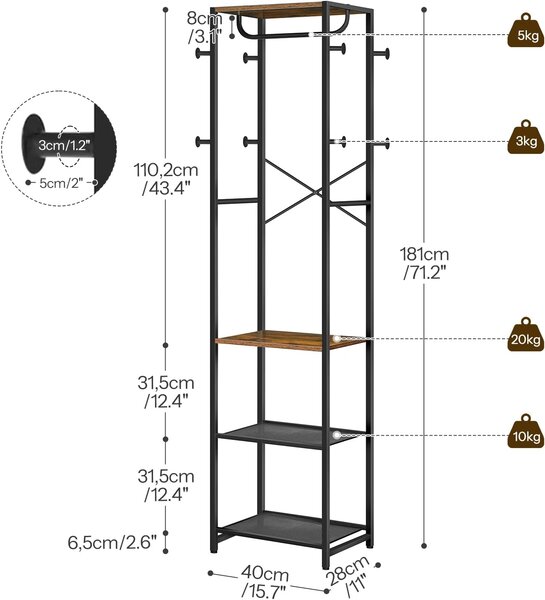 Předsíňový věšák Vasagle Menry 181 cm černý/hnědý