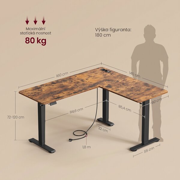 SONGMICS Rohový výškově nastavitelný pracovní stůl Vasagle Grey 160 cm hnědý/černý