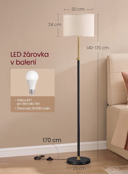 SONGMICS Výškově nastavitelná stojací lampa Vasagle Eupho zlatá/černá