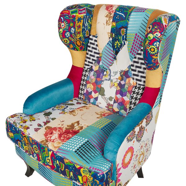 Kreslo viacfarebné modrá tkanina patchwork prešívanie s gombíkmi drevené nohy retro dizajn