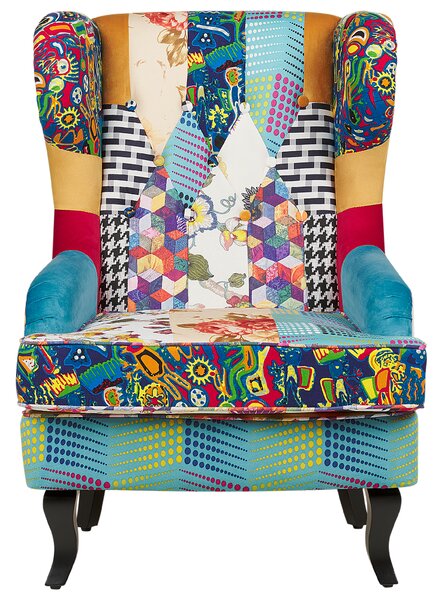 Kreslo viacfarebné modrá tkanina patchwork prešívanie s gombíkmi drevené nohy retro dizajn