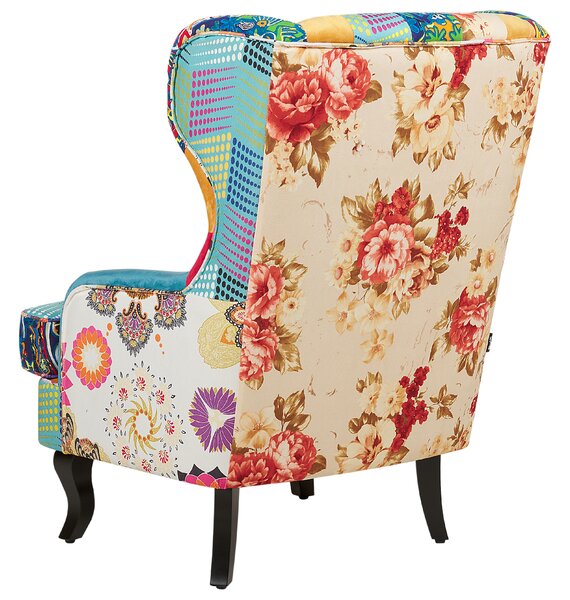 Kreslo viacfarebné modrá tkanina patchwork prešívanie s gombíkmi drevené nohy retro dizajn