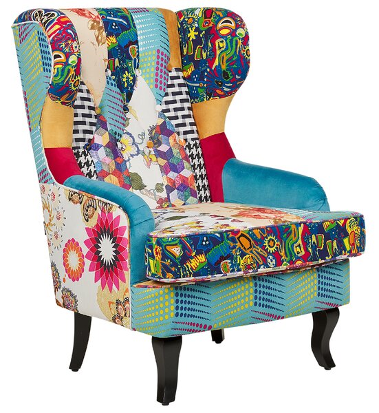Kreslo viacfarebné modrá tkanina patchwork prešívanie s gombíkmi drevené nohy retro dizajn