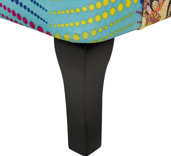 Kreslo viacfarebné modrá tkanina patchwork prešívanie s gombíkmi drevené nohy retro dizajn